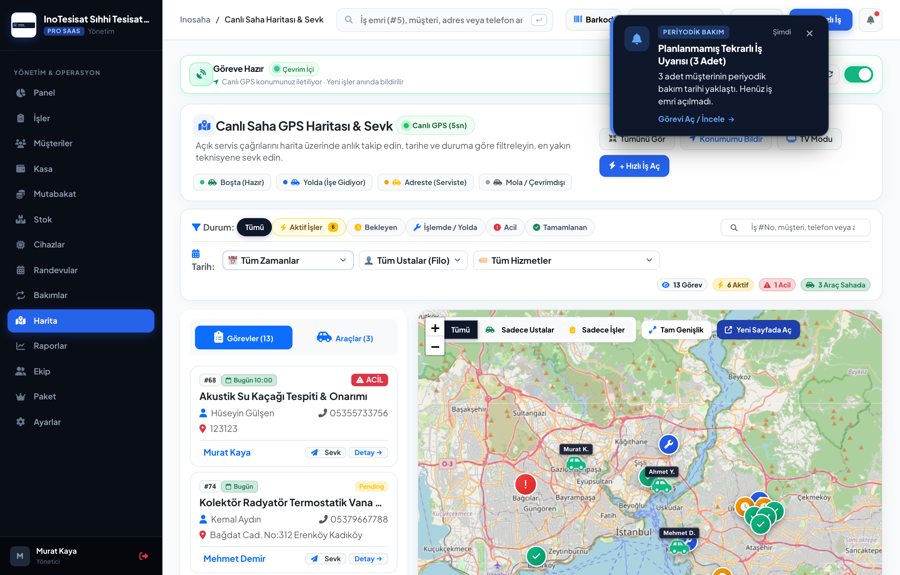 Canlı Saha Haritası ve GPS Teknisyen Sevk Ekranı