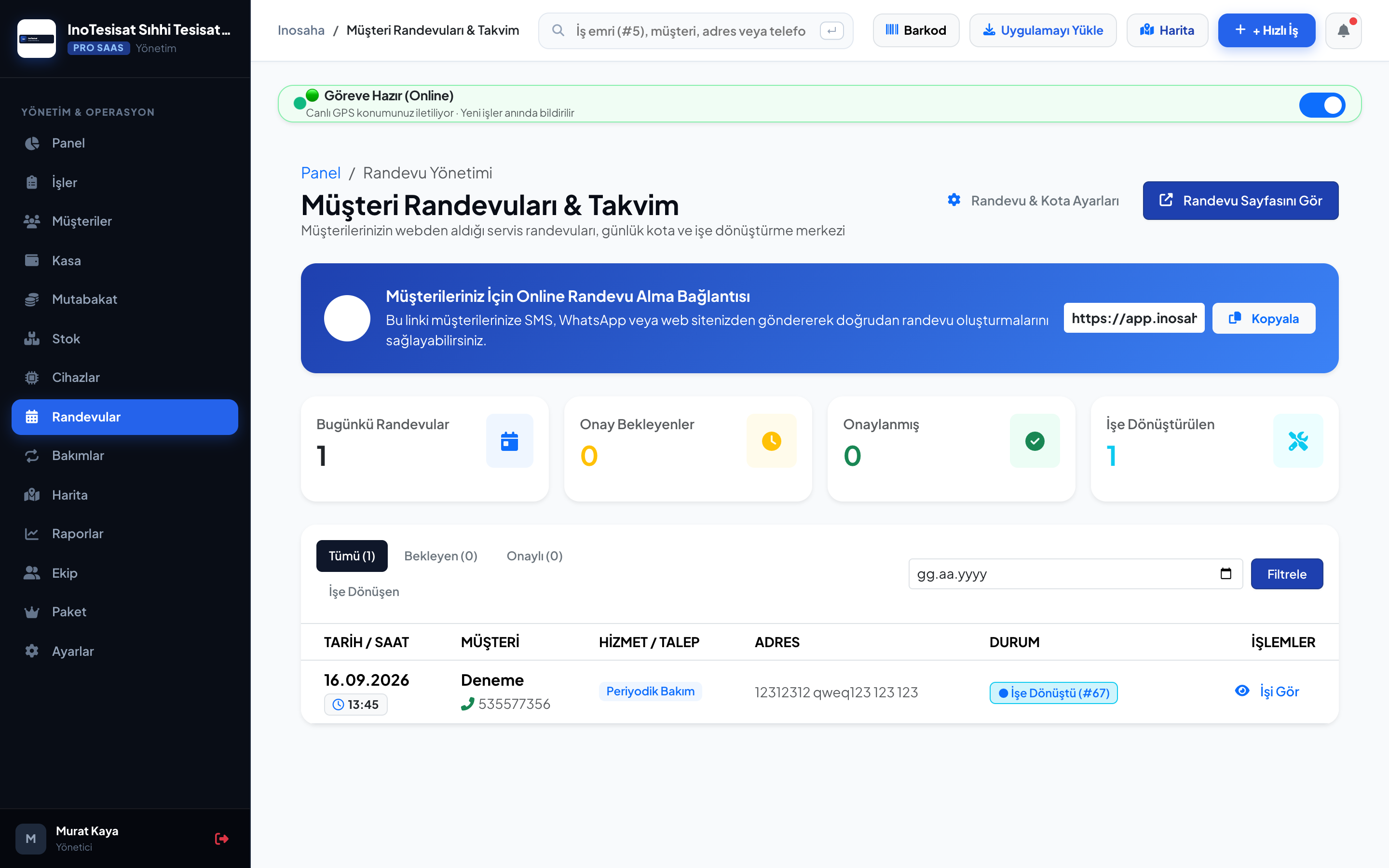 Müşteri Online Randevu ve Zaman Dilimli Takvim Planlama